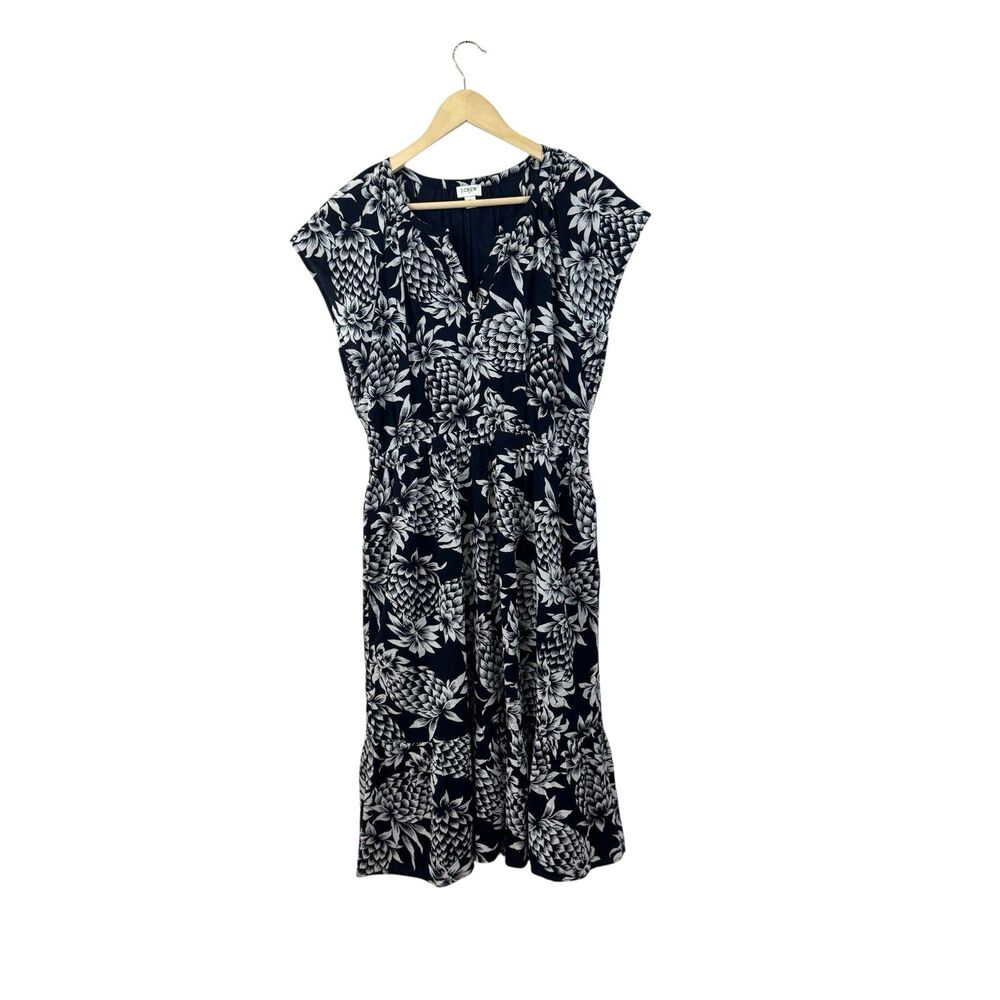 J Crew 8 Midi Dress Navy Blue Pineapple Summer Special Occasion Cotton Womens
